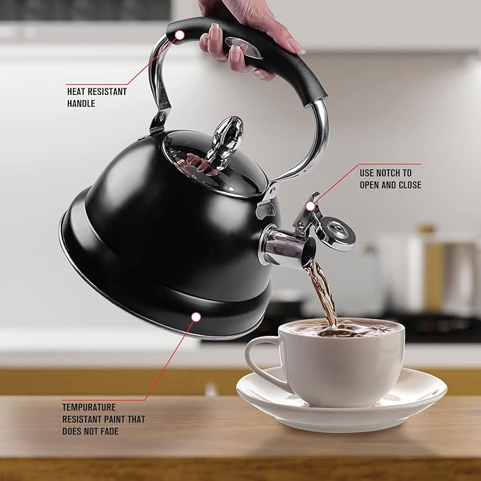 Emeril Lagasse 2.6 Quart/2.5 Liter Whistling Tea Kettle, Stainless Steel Tea Pot for Induction Stove Top, Fast to Boil Water for Home Kitchen Condo, with Ergonomic Cool Folding Grip Handle, Black