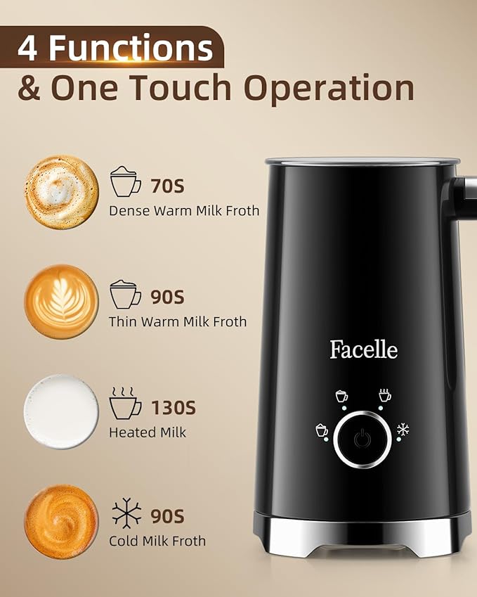 Facelle Milk Frother, 4-in-1 Electric Milk Steamer and Frother, 10oz/300ml Automatic Hot & Cold Foam Maker and Milk Warmer with Auto Shut-Off, for Latte, Cappuccino, Macchiato, Hot Chocolate - Black