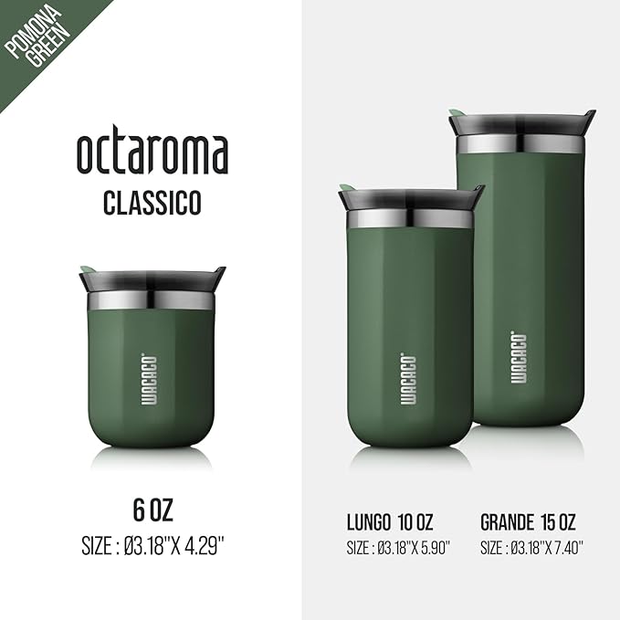 WACACO Octaroma Classico Vacuum Insulated Coffee Mug, Double-wall Stainless Steel Travel Tumbler With Drinking Lid, 6 fl oz (180ml), Pomona Green