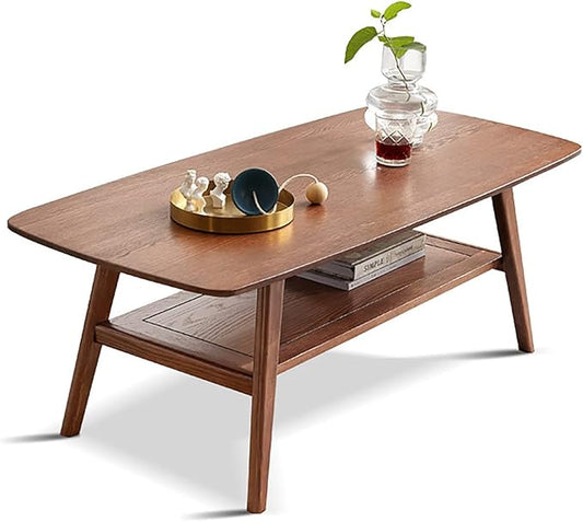 Wood Coffee Table - 100% Solid Oak Wood - Double Storage Coffee Table, Eco-Friendly Finish Center Table - Easy Assembly (Walnut, 47.24" D x 22.04" W x 17.32" H)