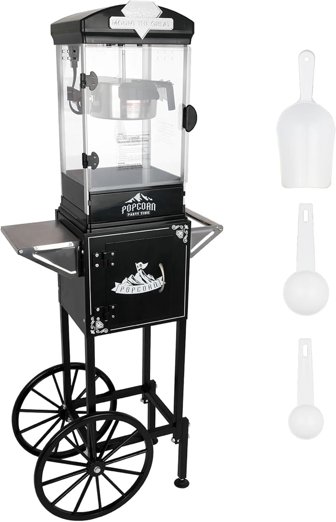 Portable Popcorn Machine with Cart & Wheels, 10 Oz Commercial Popcorn Maker with Kettle, Includes 3 Measuring Spoons for Home Theater, Parties, Events