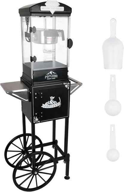 Portable Popcorn Machine with Cart & Wheels, 10 Oz Commercial Popcorn Maker with Kettle, Includes 3 Measuring Spoons for Home Theater, Parties, Events