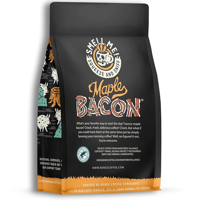 Bones Coffee Company Maple Bacon, Bacon and Maple Syrup Flavored Coffee, Medium Roast Low Acid Arabica Beans Compatible with Auto drip and French Press Coffee Maker, 12 Oz Ground