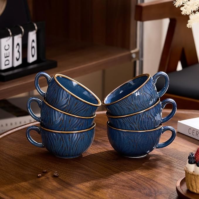 Set of 6 Vintage Design 12 oz Professional Barista Ceramic Latte Art Cappuccino Cups Set (Wave Blue)