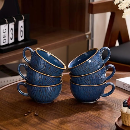 Set of 6 Vintage Design 12 oz Professional Barista Ceramic Latte Art Cappuccino Cups Set (Wave Blue)