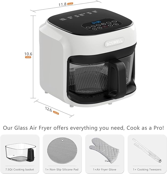 BOSWELL Glass Air Fryer, 7.5QT with Transparent Fry Bowl, Circulating Heating, Temperature Control, Air Fryer Roast, Dishwasher Safe (white)