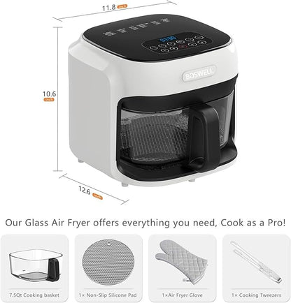 BOSWELL Glass Air Fryer, 7.5QT with Transparent Fry Bowl, Circulating Heating, Temperature Control, Air Fryer Roast, Dishwasher Safe (white)