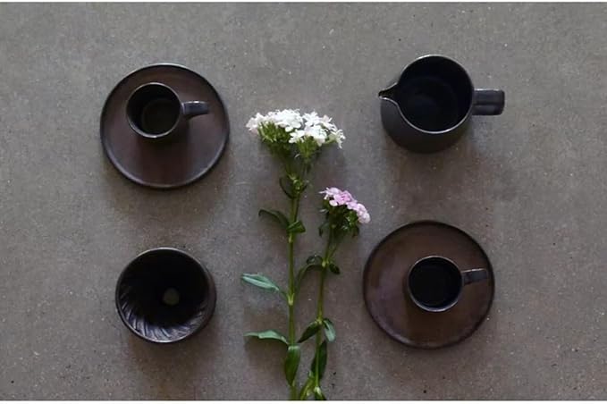 Handmade Stoneware Pour Over Drip Coffee Maker & Cups Set, Coffee Brewer Dripper Cone Filter, Coffee Decanter & Espresso Cups & Saucers Gift Set, Annular Veins Retro Metallic Glazed,16oz