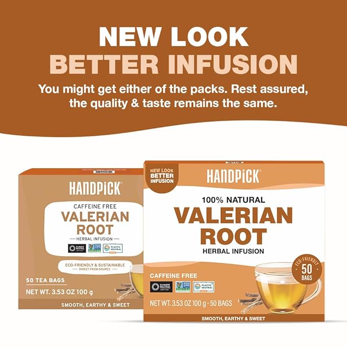 HANDPICK, Valerian Root Tea Bags (Valeriana) 50 Count | Non-GMO, Caffeine Free, Real Ingredients | Earthy/Woody Herbal Tea Bags | Round Eco-conscious Teabags