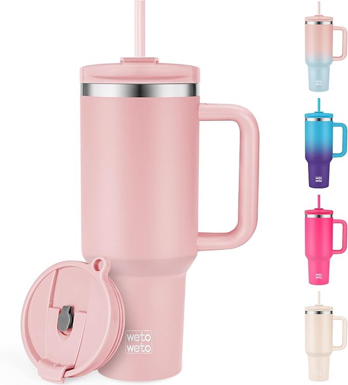 WETOWETO 40oz Tumbler with Handle and Lid | 100% Leakproof Insulated Stainless Steel Travel Mug | Keeps Cold 34Hrs/Hot 10Hrs | Dishwasher Safe, Fits Car Cup Holder (Blush Color)