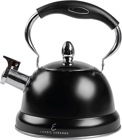 Emeril Lagasse 2.6 Quart/2.5 Liter Whistling Tea Kettle, Stainless Steel Tea Pot for Induction Stove Top, Fast to Boil Water for Home Kitchen Condo, with Ergonomic Cool Folding Grip Handle, Black