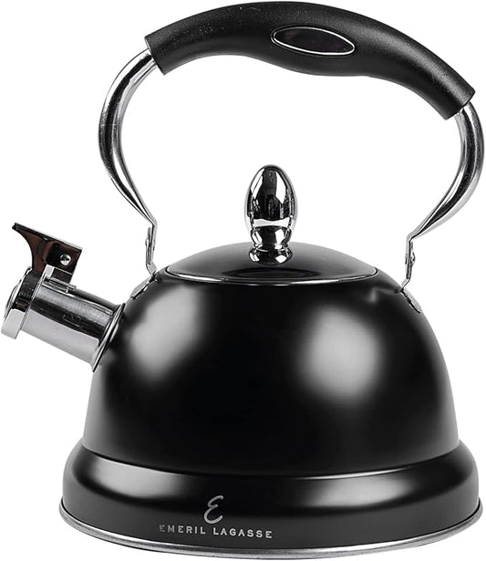 Emeril Lagasse 2.6 Quart/2.5 Liter Whistling Tea Kettle, Stainless Steel Tea Pot for Induction Stove Top, Fast to Boil Water for Home Kitchen Condo, with Ergonomic Cool Folding Grip Handle, Black