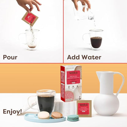 Waka Premium Decaf Instant Coffee Sachets — 100% Arabica Freeze Dried Beans — For Hot or Iced Coffee (8 Count, Decaf Medium Roast)