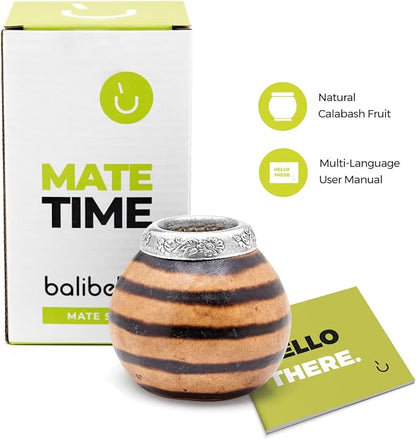BALIBETOV Yerba Mate Gourd Set (Original Natural Handmade Yerba Mate Cup Argentina) - Includes Mate Tea Cup, Bombilla (Mate Straw) and Clean Brush - Classic Mate Cup and Bombilla Set (01)