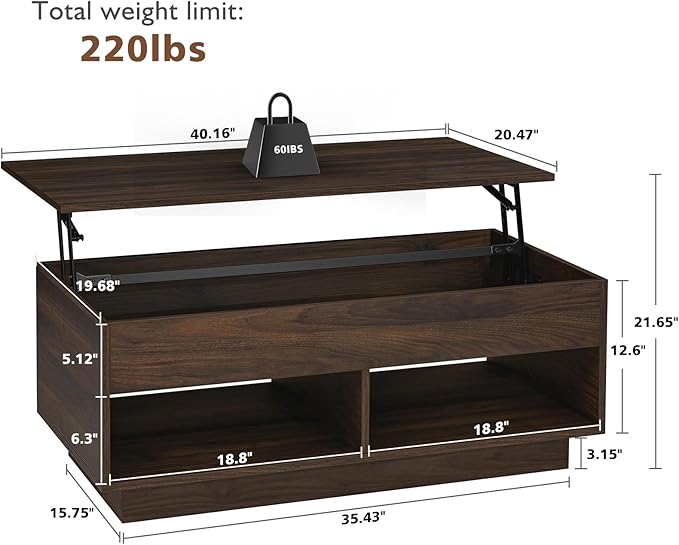 HOMMPA Modern Lift Top Coffee Table with Storage for Living Room LED Coffee Table Wodden Lift Tabletop Dining Table with Hidden Compartment and Metal Frame, Walnut