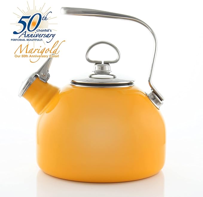 Chantal Classic Teakettle, 1.8 QT, Enamel On Steel, 2-Tone Harmonica Whistle, Rapid Boil and Even Heating (Marigold)