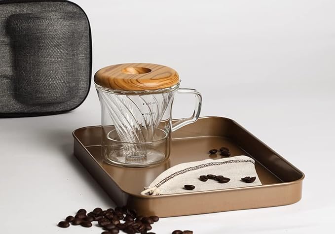 ATHIA Glass Pour Over Coffee Maker Set, Glass Cone Dripper, Reusable Cloth Filter, Minimal Single Cup on the Go,Olive wood_light color