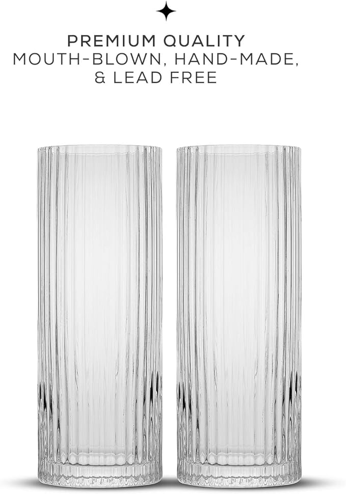 JoyJolt Elle 16oz Fluted Highball Glasses Set of 2, Ribbed Tall Cocktail Tumblers for Gin Juice Water, Vintage Style Drinking Glasses