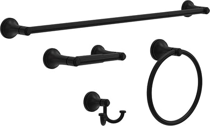 Franklin Brass Woodruff 4-Piece Bathroom Set Matte Black 18" + 6" Towel Rack, Toilet Paper Holder, Hand Towel Holder, Hook | 4-Piece Bath Hardware Accessories Set WDRF64-MB