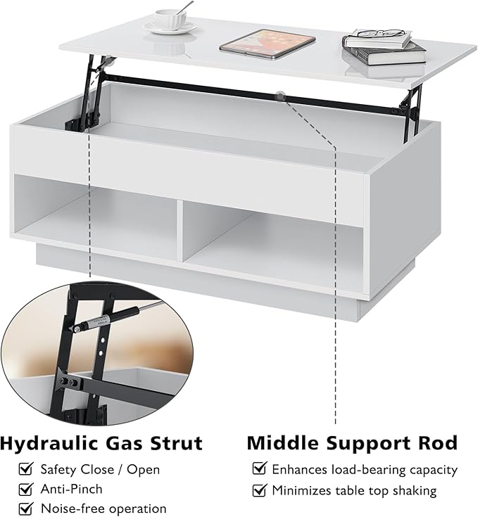 HOMMPA 40" Modern LED Coffee Table with Storage for Living Room, Lift Top Coffee Table with 2 Shelves, High Glossy Wooden Dining Table, Multifunctional Furniture for Bedroom/Home Office, White