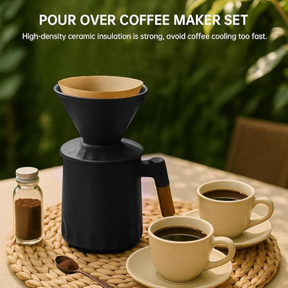 Pour Over Coffee Maker Set, Ceramic Pour Over Coffee Dripper 15.5oz/450 ml with 25 Pcs V60 Paper Filter, Coffee Pour Over Set for Camping, Black