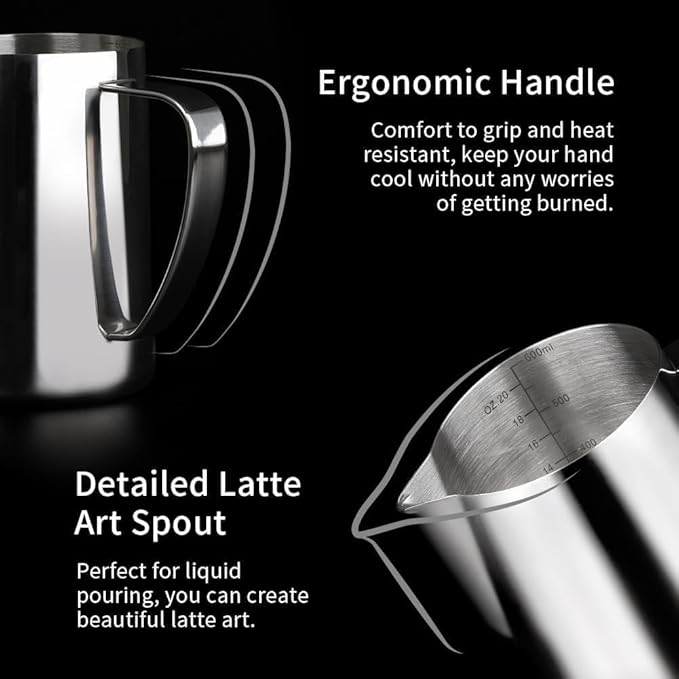 watchget Milk Frothing Pitcher 20oz/600ml Stainless Steel Espresso Steaming Pitcher for Espresso Machines Coffee Frothing Cup Cappuccino Latte Art Milk Jug Cup