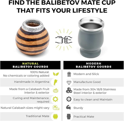 BALIBETOV Yerba Mate Gourd Set (Original Natural Handmade Yerba Mate Cup Argentina) - Includes Mate Tea Cup, Bombilla (Mate Straw) and Clean Brush - Classic Mate Cup and Bombilla Set (01)
