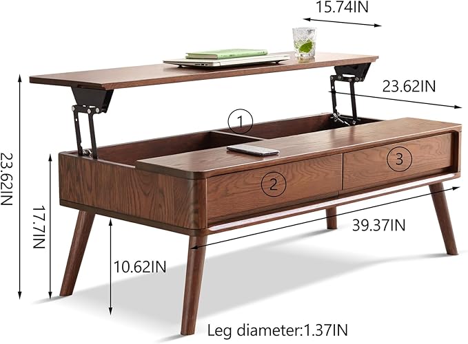 100% Solid Oak Lift Top Coffee Table, Wood Coffee Table with Hidden Compartment and Drawers - Coffee Tables for Living Room (Walnut Color, 39.37 inch)