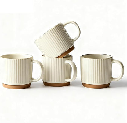 10OZ Small Stackable Coffee Mugs, Ceramic Coffee Mugs with Stripe Patterns for Man,Woman,Dad,Mom, Modern Coffee Mugs Set of 4 for Latte/Cappuccino/Cocoa/Tea. Dishwasher&Microwave Safe, Beige