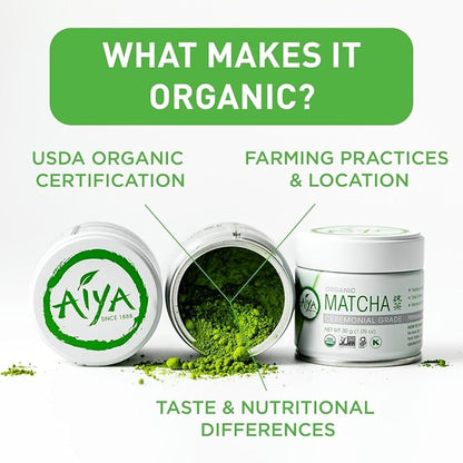 Aiya Organic Ceremonial Grade Matcha Powder - Premium Matcha Ceremonial Grade, Vibrant Jade Green Color, Mild Natural Sweetness, Japanese Tea Ceremonies - 30g Tin