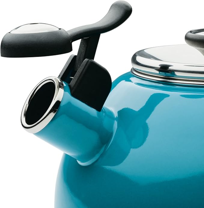 Circulon Enamel on Steel Whistling Teakettle/Teapot With Flip-Up Spout, 2 Quart - Turquoise Blue