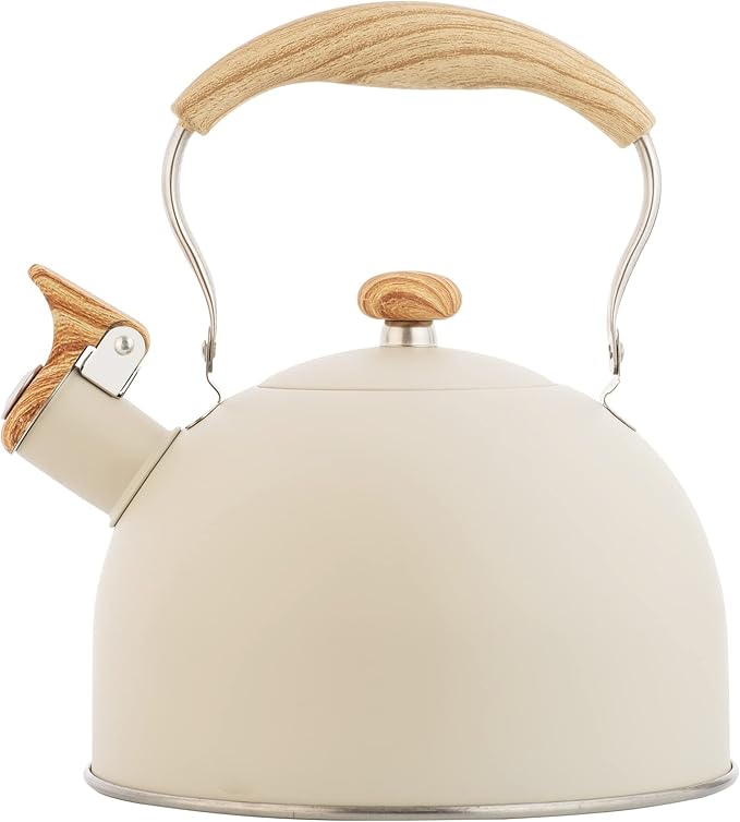 2.6 Quart/2.5 L Whistling Tea Kettles with Wood Grain adjustment Nylon Handle, Capsule Base Tea Kettle, White (White)