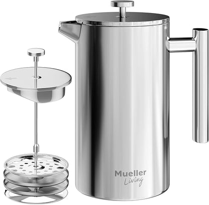 MuellerLiving French Press Coffee Maker 34oz, Stainless Steel French Press Coffee, 4 Filter Heat Resistant Double Insulated, Rust-Free, Food Grade, Dishwasher Safe Coffee Pot