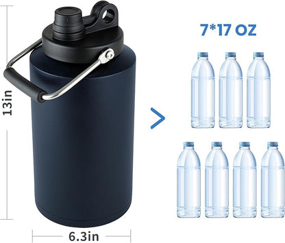 1 Gallon Water Jug Bottle Insulated with Straw, 128oz Stainless Steel Water Bottle Jug Wide Mouth Double Vacuum Dishwasher Safe BPA Free for Hot & Cold Drinks Navy Blue