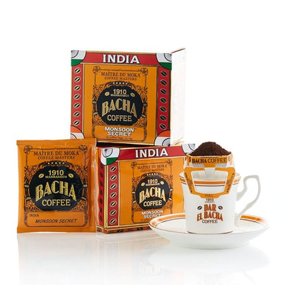Bacha Coffee | Monsoon Secret India Single Origin, 100% Arabica Specialty Coffee Beans, Medium Dark Roast, x12 Individually Wrapped Single Serve Filter Bags