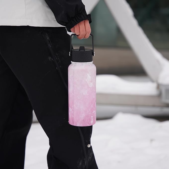 BJPKPK 2 Pack Insulated Water Bottles with Straw Lids, 32oz Stainless Steel Metal Water Bottle with 6 Lids, Leak Proof BPA Free Jugs, Cups, Flasks for Travel, Sports (Blossom+Ocean)