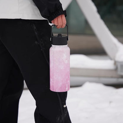 BJPKPK 2 Pack Insulated Water Bottles with Straw Lids, 32oz Stainless Steel Metal Water Bottle with 6 Lids, Leak Proof BPA Free Jugs, Cups, Flasks for Travel, Sports (Blossom+Ocean)