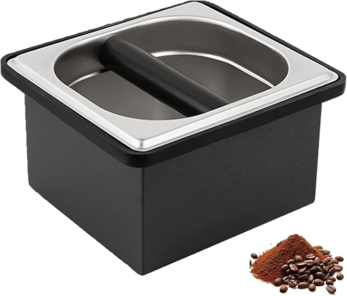 Espresso Knock Box, Coffee Knock Box for Espresso Grounds Disposal, Large Capacity, Equipped with Noise, Reduction Rubber Ring & Steel Holder, Ideal Tool for Espresso Machines, Black (Small)