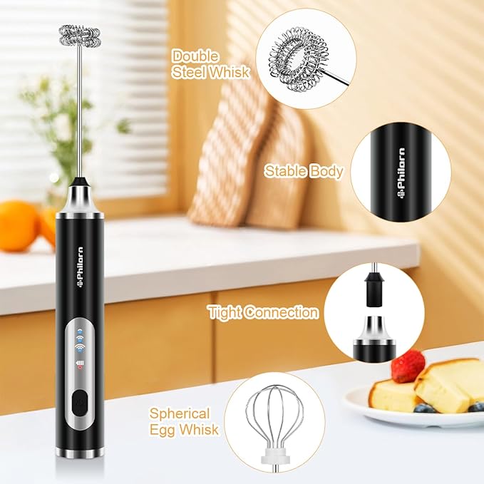 Philorn Milk Frother Wand Rechargeable, Handheld Coffee Drink Mixer Frother Foam Maker with 3 Heads 3 Speed for Lattes, Cappuccino, Frappe, Matcha, Hot Chocolate Egg Black (Black)