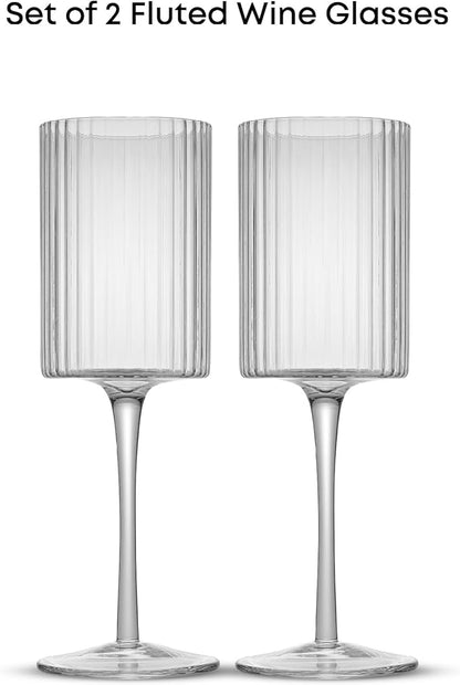 JoyJolt Elle Fluted White Wine Glasses Set of 2, 11.5oz Long Stem Wine Glasses, Unique Stemmed Cocktail Glass, Vintage Style Drinking Glass Set