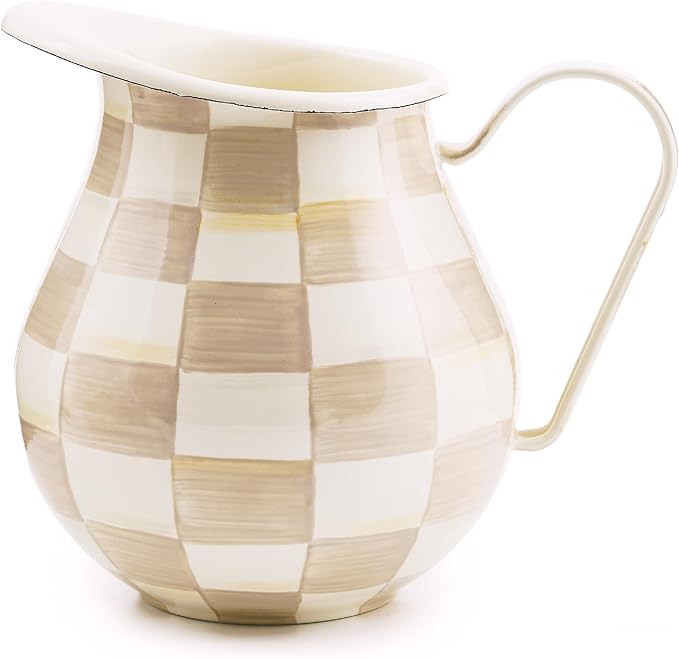 MACKENZIE-CHILDS Enamel Pitcher with Spout for Water, Cut Flowers, and Home Decor, 3 Quarts, Brown-and-White Mocha Check