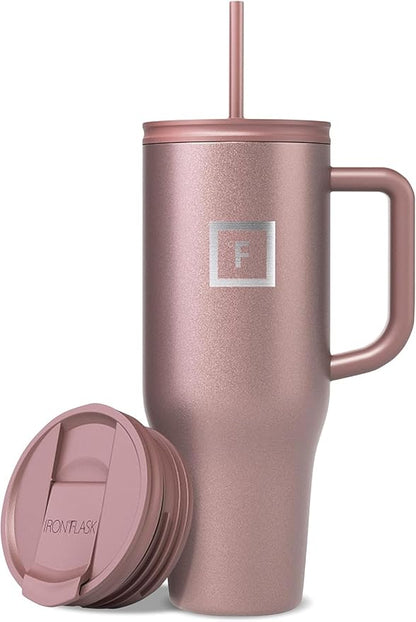 IRON °FLASK Co-Pilot Insulated Mug w/Straw & Flip Cap Lids - Cup Holder Bottle for Hot, Cold Drink - Leak-Proof - Water, Coffee Portable Travel Mug - Rose Gold, 40 Oz