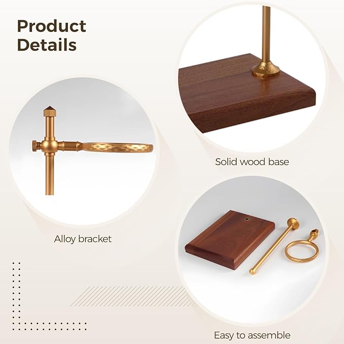 Pour Over Coffee Stand, Adjustable Dripper Holder, Solid Wood Base, Brass Metal Filter Brewer, Elegant Design for Home Office Cafe Bar Flavor Extraction