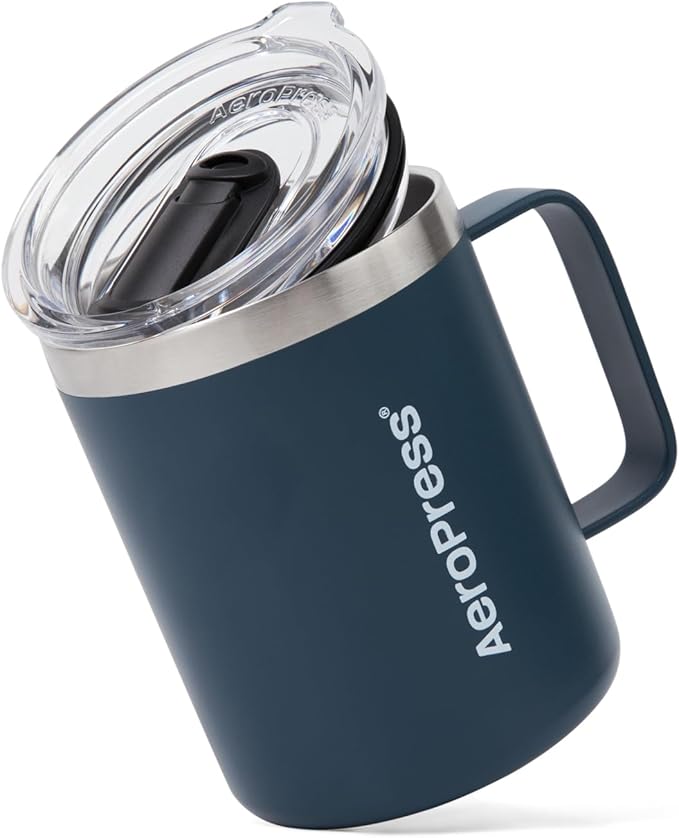 AeroPress Travel Coffee Mug with Handle, Double-Wall Vacuum Insulated Stainless Steel with Splash-Resistant Slider Lid, Compatible for Hot or Cold Drinks, Dishwasher Safe, 12 oz, Blue
