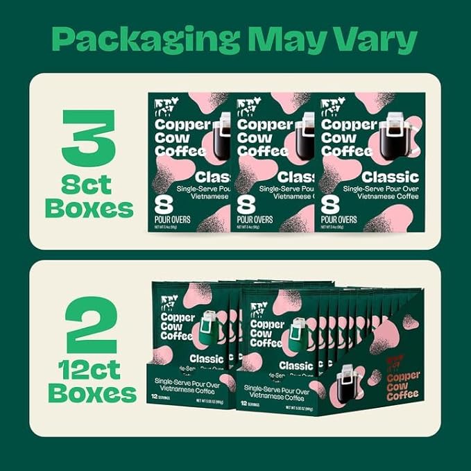 Copper Cow Premium Pour Over Single-Serve Vietnamese Coffee | Classic Black | Dark Roast | Includes 24 Coffees