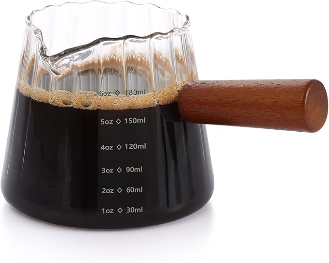 Espresso Cups 6 OZ, V-Shaped Spouts Cups, Espresso Shot Glasses with Wood Handle, Ribbed Milk Measuring Cup