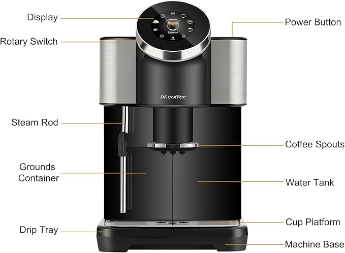 Dr.coffee H1 Fully Automatic Espresso Maker, Bean To Cup Coffee Machine, Espresso Coffee Machine With Steam Wand, 6 Customized Beverages For Home Use, Piano Black