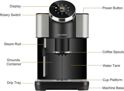 Dr.coffee H1 Fully Automatic Espresso Maker, Bean To Cup Coffee Machine, Espresso Coffee Machine With Steam Wand, 6 Customized Beverages For Home Use, Piano Black