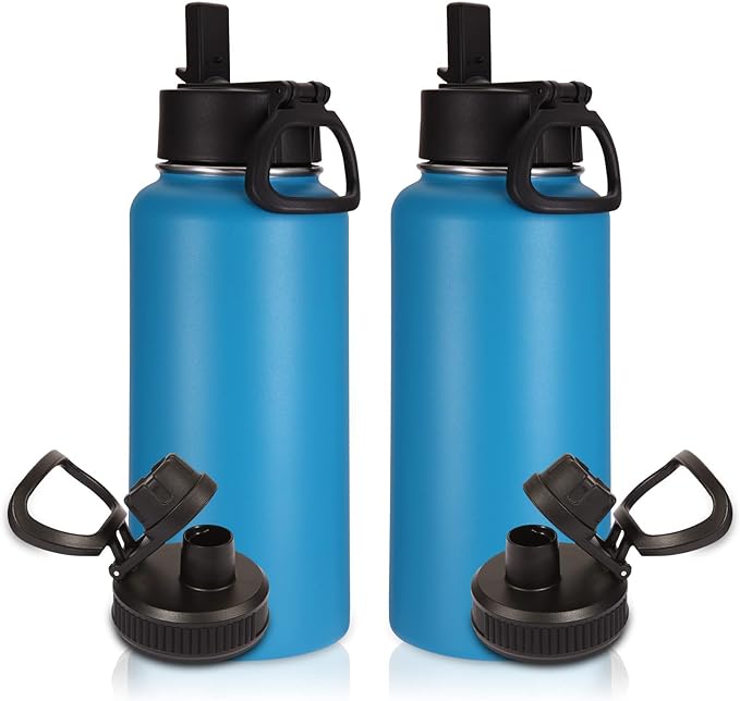Volhoply 32 oz Insulated Water Bottles Bulk 2 Pack with Straw Lid & Spout Lid,Stainless Steel Sports Water Bottle,Double Wall Vacuum Cups,Leakproof Wide Mouth Metal Flask for Hiking,Camping(Blue,2)