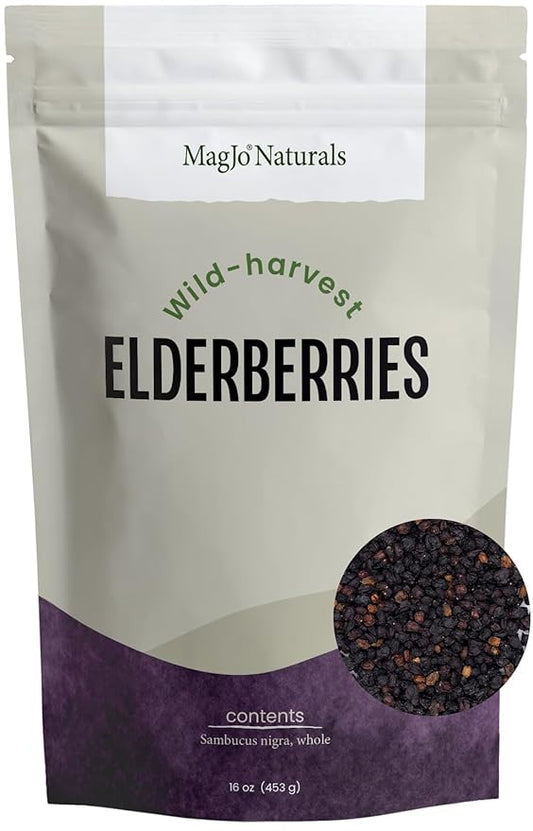 MagJo 100% Wild Harvest Dried Elderberries - 1lb Bulk - Non-Irradiated, Whole Black Elderberry Immune Support - Raw Vegan Sambucus 1 Pound